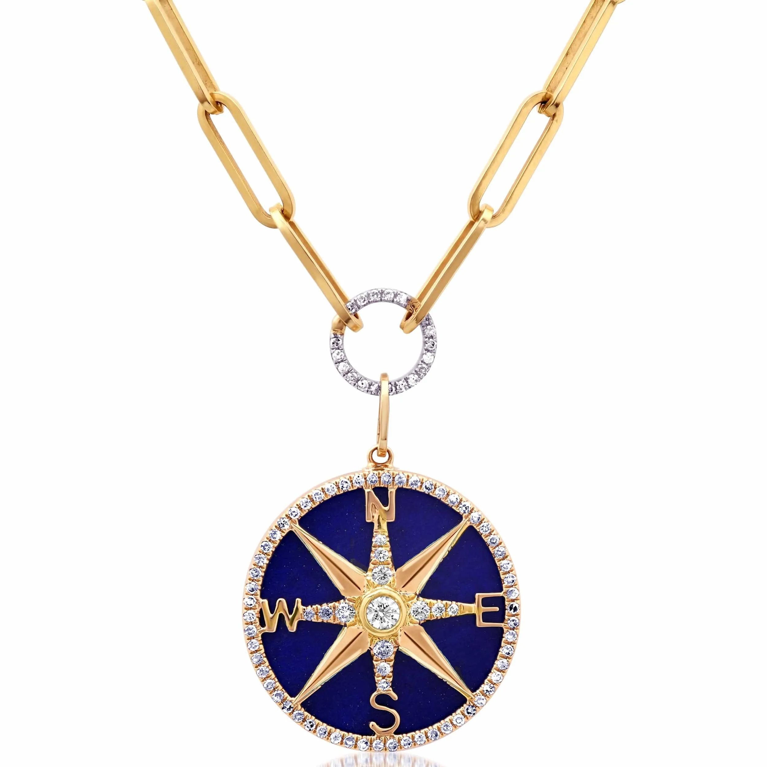 14K Gold Lapis and Pave Diamond Compass Charm, Large