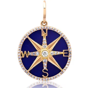 14K Gold Lapis and Pave Diamond Compass Charm, Large