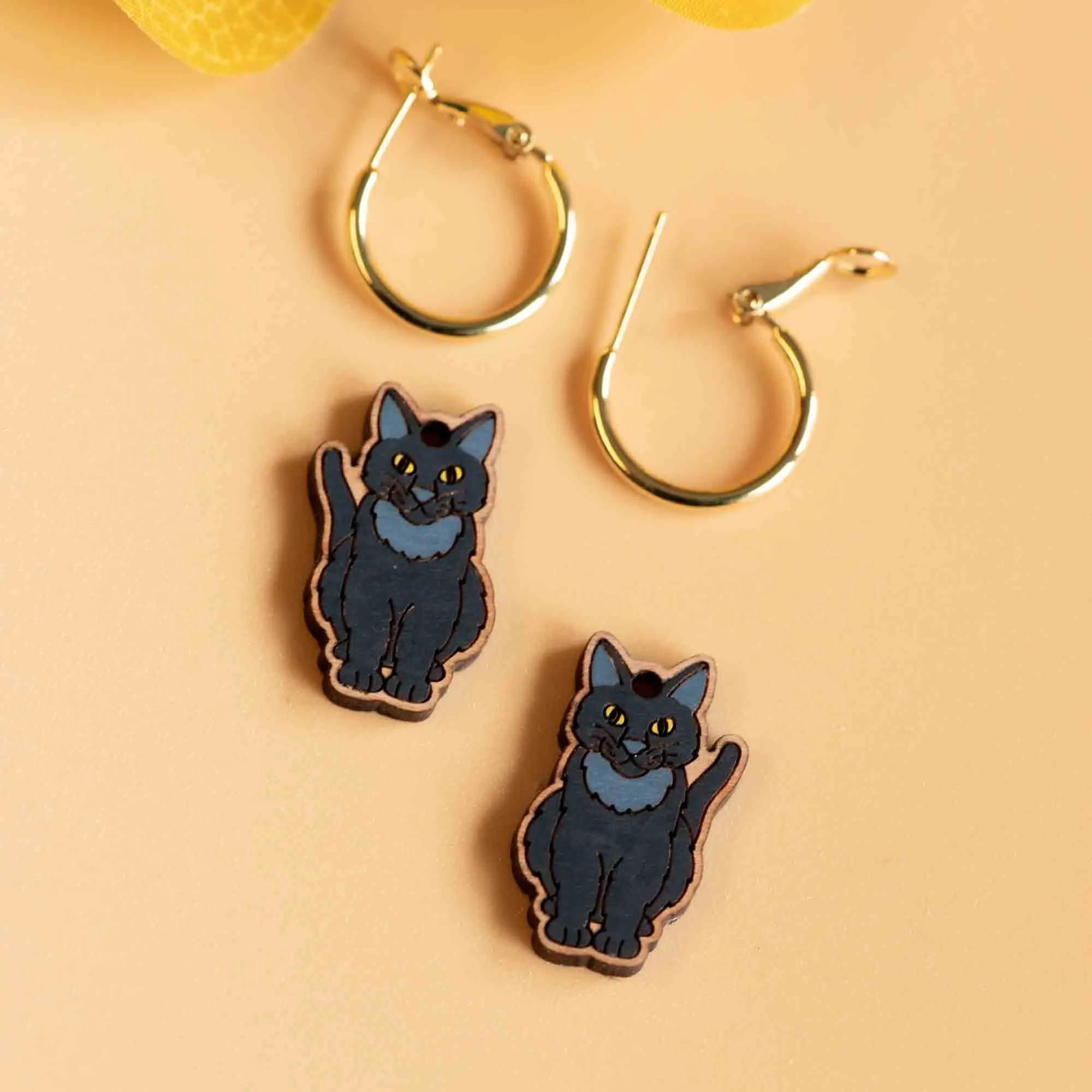 Hand-Painted Black Cat Hoop Earrings - PEL10335H