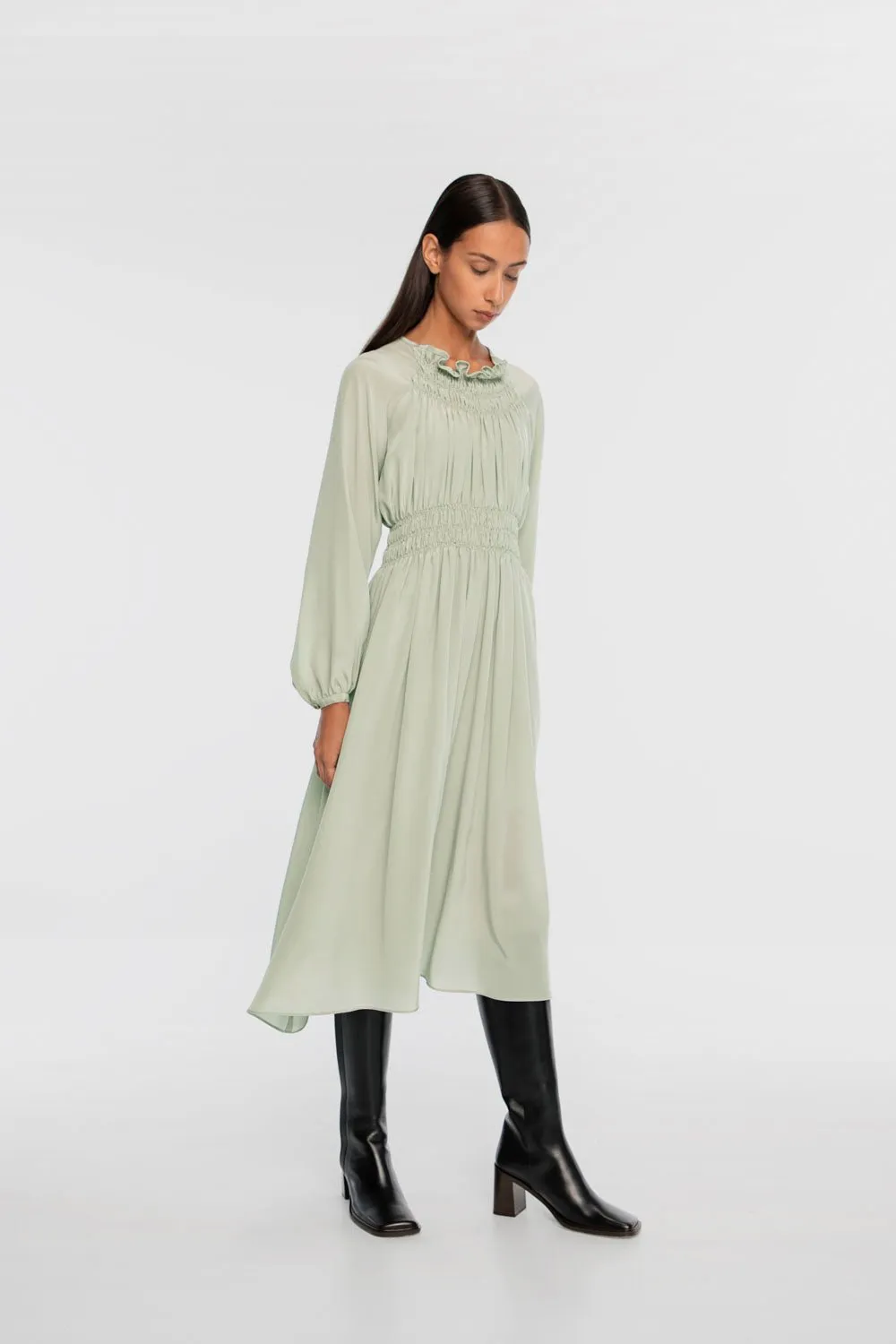 Signature Silk Shirred Midi Dress